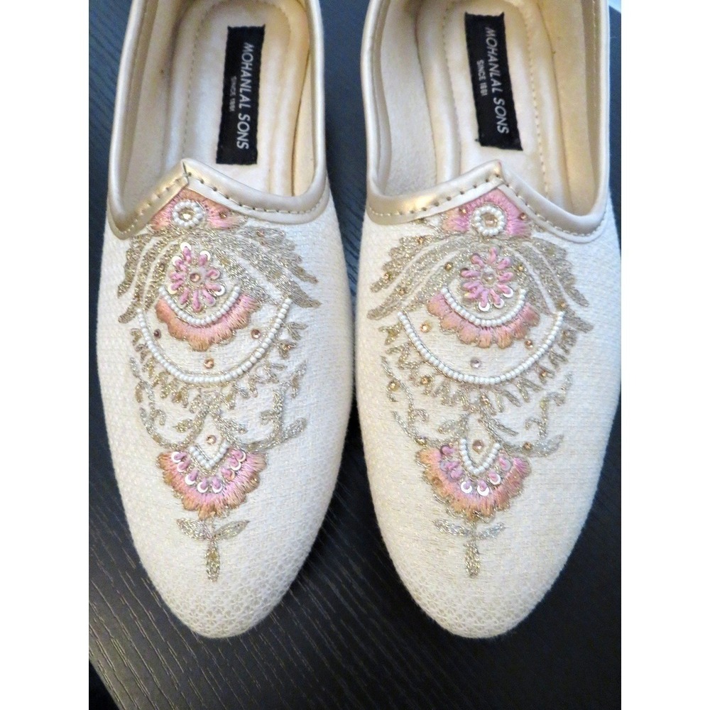Mohanlal Sons Embroidered Jutti Flats Ivory Pink Gold Indian Wedding US 9.5 - 10